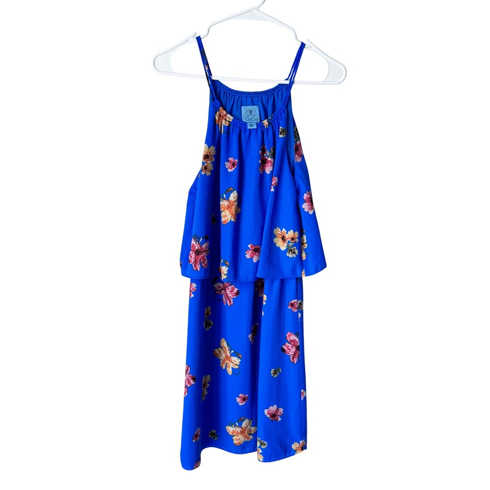 CeCe Blue Floral Halter Popover Tiered Mini Dress Size 6